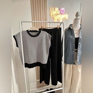 Black and White Knit Top with Black Pants